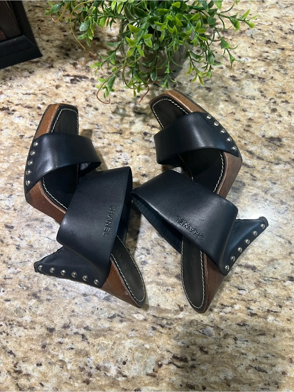 CHANEL Black Leather Studded Platform Mules 36.5